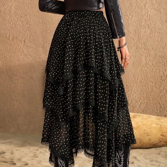 Black Casual Women's Polka-Dot Asymmetric Skirt - Picture 2 of 8